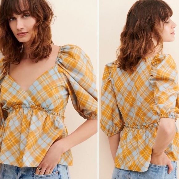 FREE PEOPLE RAHI PUFF SLEEVE PLAID PEPLUM TOP SIZE XS - Picture 1 of 14